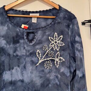 NWT Womens Plus 18/20 Avenue Blue Top Shirt 3/4 Sleeve Tie Dye Keyhole Neck